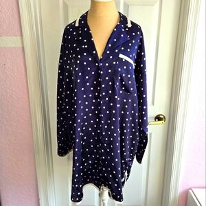 Victoria Secret Vintage Sleep Shirt Size Large Blue‎ Satin Polka Dot Lingerie